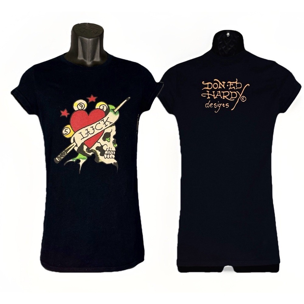 VTG Ed Hardy Christian Audigier Y2K Black Shirt M Luck Skull Heart Pool Tattoo